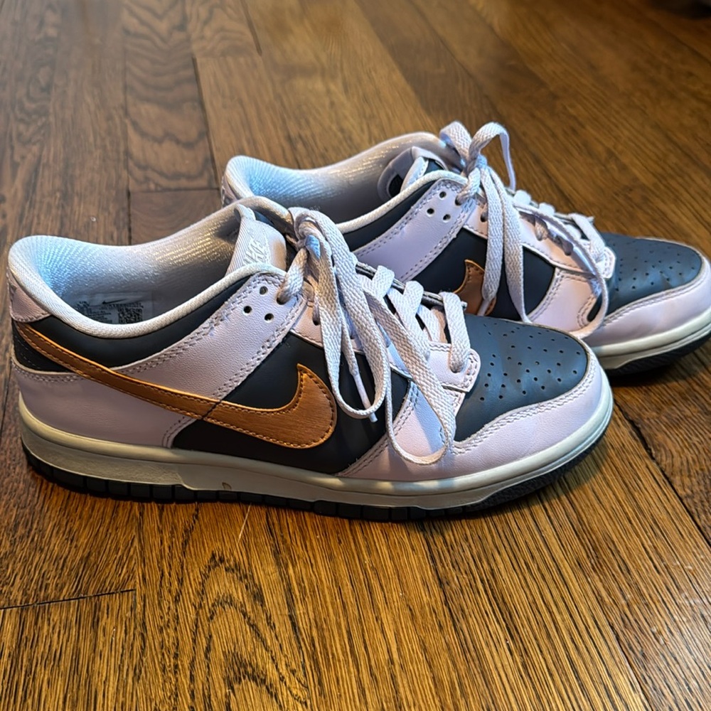 Nike dunks, purple and navy with rose gold color check